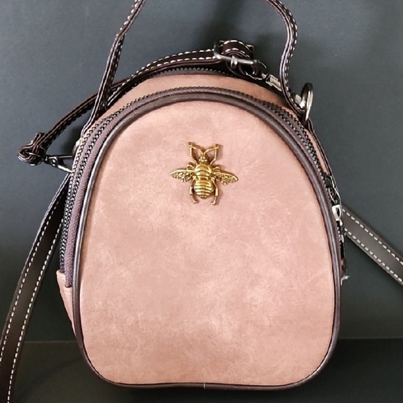 Handbags - New Rose Gold / Brown Suedeish Crossbody Bag with Gold Bee Accent *unused